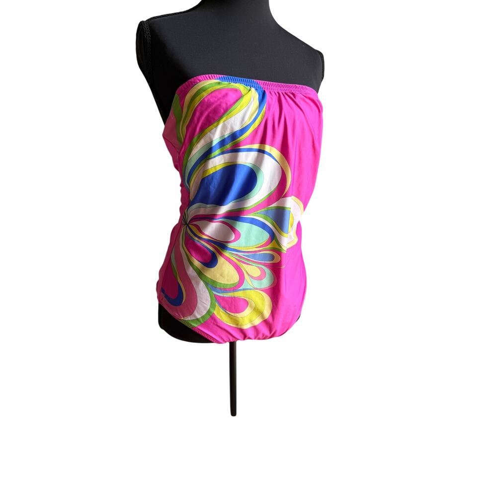 Tara Grinna Strapless Bandeau One Piece Swimsuit Size 12 Pink Abstract Print USA